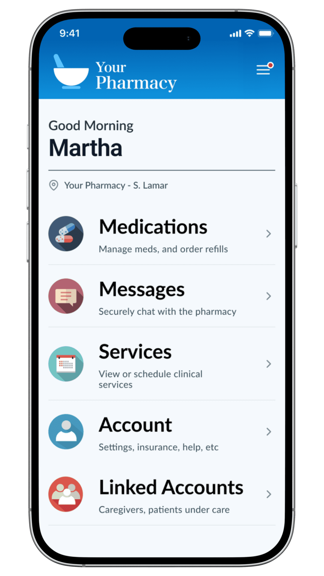 Patient Portal home screen showing medications, messages, services, account, and linked accounts