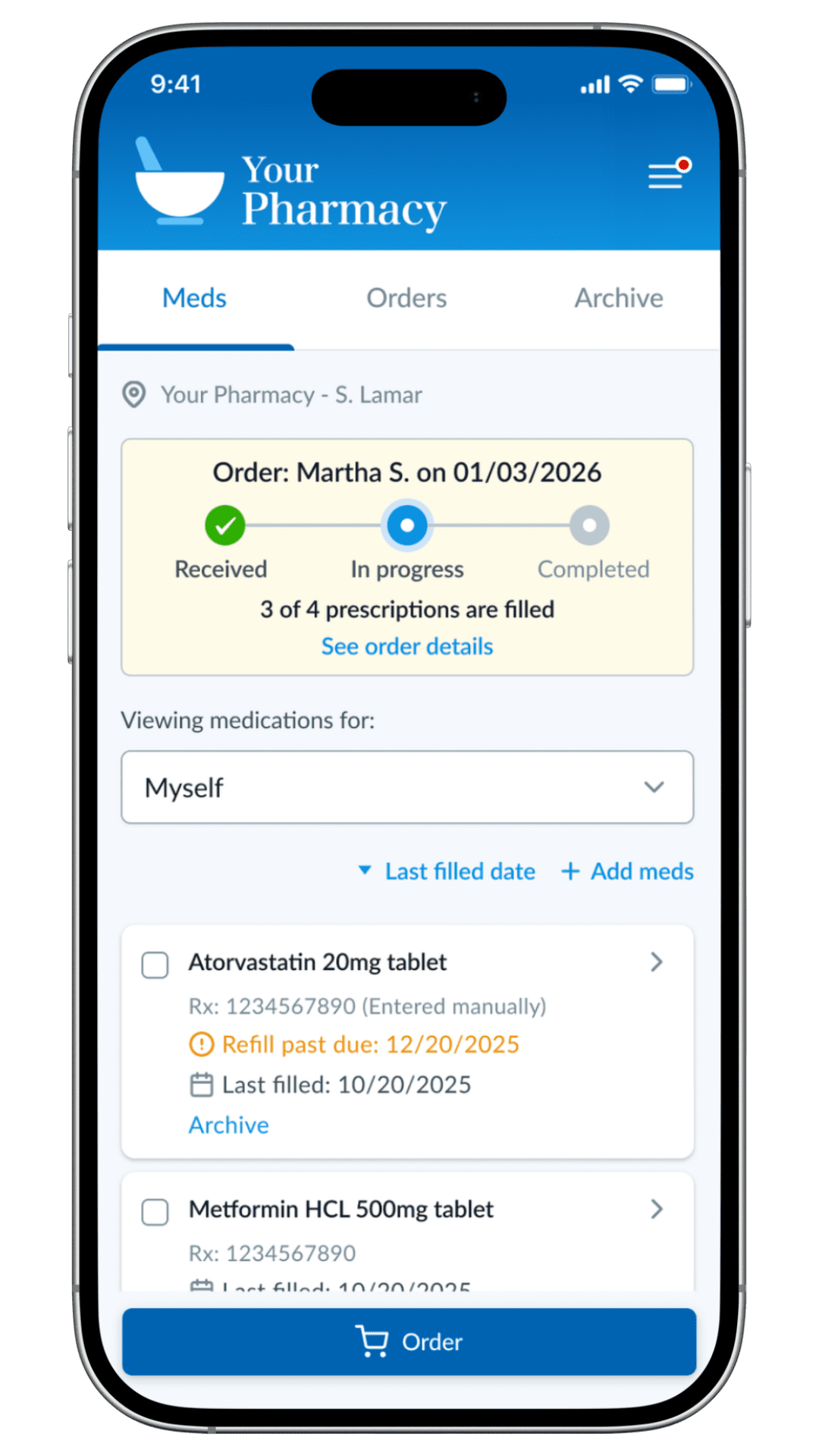 Patient Portal medications screen showing refill order details and medication list